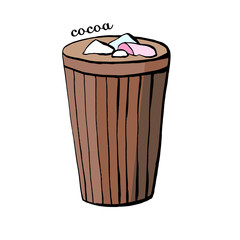 Glass of cocoa and a cup of coffee with marshmallows for a cafe menu in the vector drink for children isolated