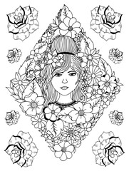 Vector illustration portrait of a girl with hairstyle among the flowers in the rhombic design. Coloring book anti stress for adults. Black and white.