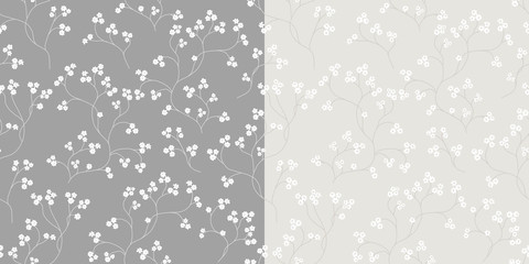 Cherry blossom seamless floral pattern. Hand drawn texture white flower branch. Romantic background for fabric, wedding invitations, textile, wallpaper. Vector, Isolated on grey and beige background - 301831238