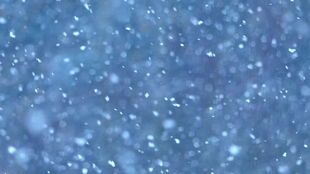 Snow flakes gracefully falling in slow motion, the perfect winter background.