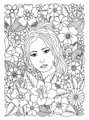 Vector illustration, woman surrounded by flowers. Black white.