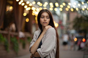 Fototapeta premium Amazing girl with long hair wears shirt