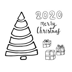 New Year design elements tree and Christmas gift. Hand drawn isolated on white background set. Handwritten font. Doodle style