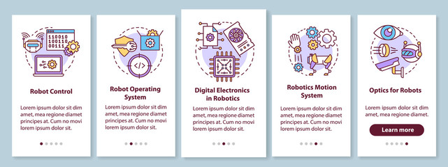 Fototapeta na wymiar Robotics courses onboarding mobile app page screen with linear concepts. Robots learning and development walkthrough steps graphic instructions. UX, UI, GUI vector template with illustrations