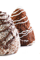 Two chocolate brownies . One is poured with white chocolate and sprinkled with cocoa, the second is poured with dark chocolate and sprinkled with coconut. Isolated on a white background.