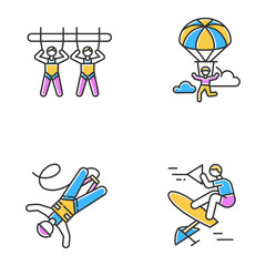 Air extreme sports color icons set. Giant swing, parachuting, bungee jumping and wakeboarding. Outdoor activities. Adrenaline entertainment and risky recreation. Isolated vector illustrations