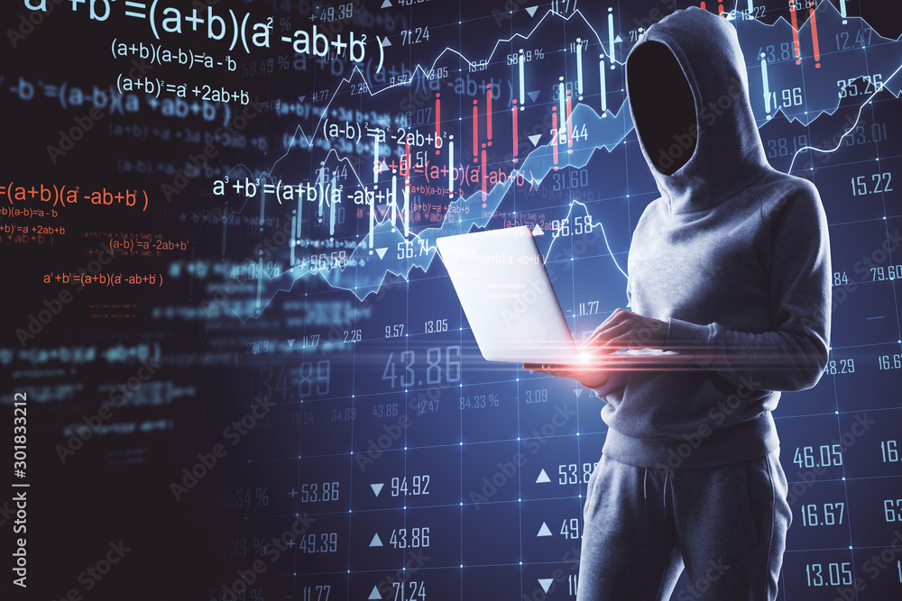 Poster hacker using laptop with stock data