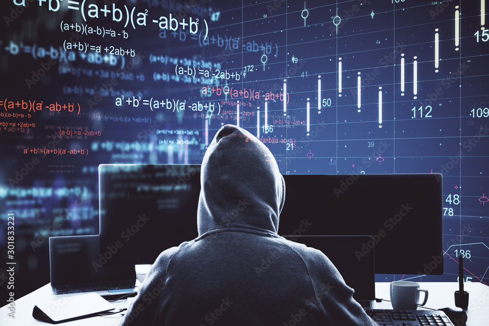 Poster hacker using computer with big data