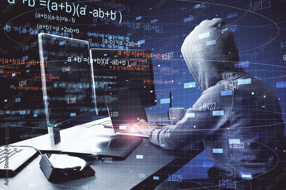 Poster hacker using computer with abstract big data