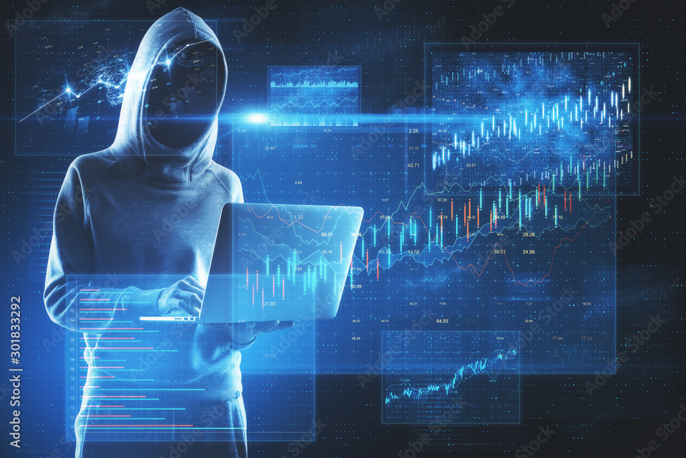 Poster hacker using laptop