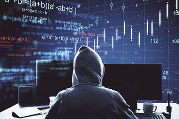 hacker using computer with big data - obrazy, fototapety, plakaty