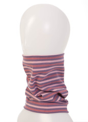 White background. Winter scarf with stripes. Mannequin head.