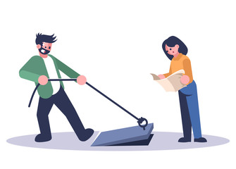 Friends in quest room flat vector illustration. Woman reading map, man opening basement isolated cartoon characters on white background. Couple in escape room looking for exit. Logic game