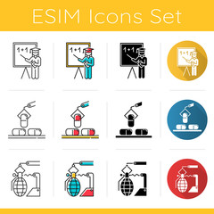 Industry types icons set. Education, pharmaceutical, arms sectors of economy. Goods and services production. Flat design, linear, black and color styles. Isolated vector illustrations
