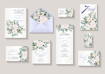 Fototapeta na wymiar Wedding invitation with flowers Peony and Roses, watercolor, isolated on white. Vector Watercolour.