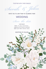 Wedding invitation with flowers Peony and Roses, watercolor, isolated on white. Vector Watercolour.