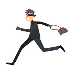 Running thief in a black mask with the stolen handbag. Vector illustration in flat cartoon style.