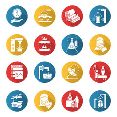 Industry types flat design long shadow glyph icons set. News, media. Broadcasting. Shipbuilding. Pulp and paper production. Publishing. Healthcare. Hospitality industry. Vector silhouette illustration