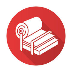 Pulp and paper industry red flat design long shadow glyph icon. Canvas production. Blank sheet on press. Professional conveyor. Papermaking. Technical maintenance. Vector silhouette illustration