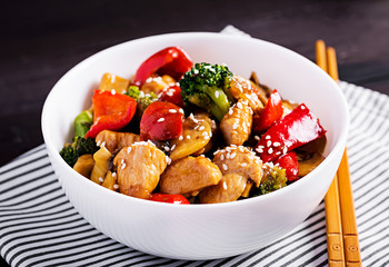 Stir fry with chicken, mushrooms, broccoli and peppers. Chinese food.