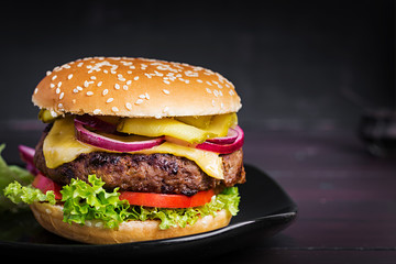 Big sandwich - hamburger burger with beef,  tomato, cheese, pickled cucumber and red onion.