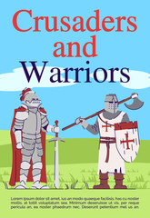 Crusaders and warriors brochure template. Medieval warfare flyer, booklet, leaflet concept with flat illustrations. Military ranks page layout for magazine. Advertising invitation with text space
