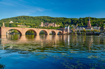 Fototapeta na wymiar Heidelberg town with old Karl Theodor bridge and castle on Neckar river in Baden-Wurttemberg, Germany