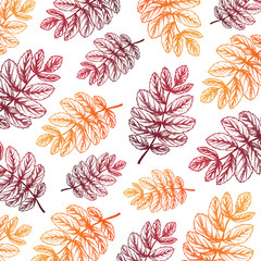 Pattern illustration in hand drawn style with leaves. Autumn design. For design textiles, fabric, packaging, paper, surface decoration, background.