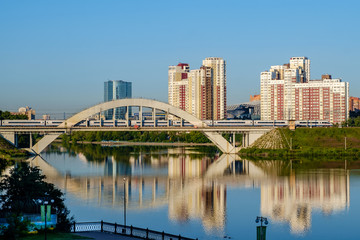 High-speed train "Sapsan" passes on the Khimki bridge