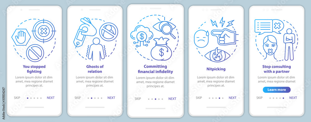 Wall mural relationship in trouble onboarding mobile app page screen with linear concepts. nitpicking problem w