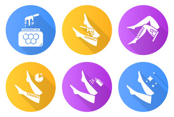 Shin waxing flat design long shadow glyph icons set. Leg hair removal with natural honey wax strips. Body depilation steps. Professional beauty treatment cosmetics. Vector silhouette illustration