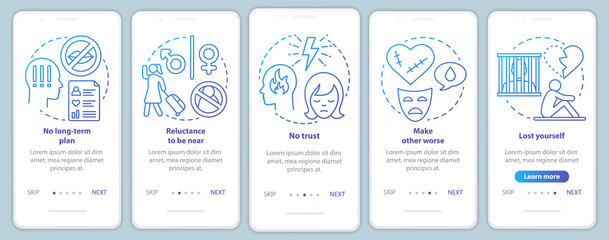 Relationship break up signs onboarding mobile app page screen with linear concepts. No long-term plan walkthrough steps graphic instructions. UX, UI, GUI vector template with illustrations