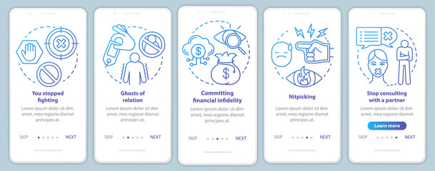 Relationship in trouble onboarding mobile app page screen with linear concepts. Nitpicking problem walkthrough steps graphic instructions. UX, UI, GUI vector template with illustrations
