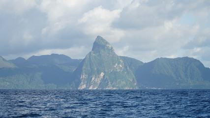Piton Mountain Peak rising out of the ocean on the Caribbean Island of Saint Lucia.