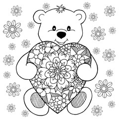 Vector illustration, a teddy bear enamored with the heart among flowers. Doodle drawing. Meditative...