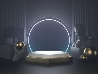 3d render image of white podium on futurism neon light and classic sculpture for cosmetic brand or another products.