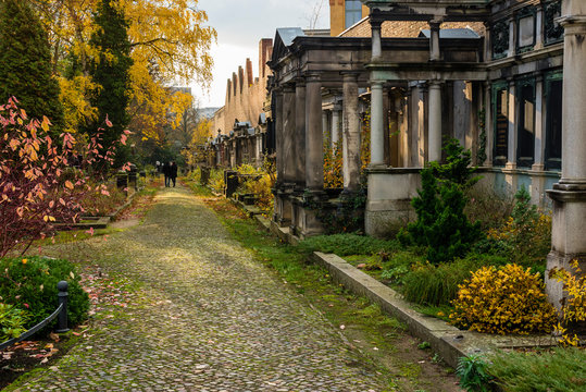 Jewish cemetery in Berlin Weißensee, old Jewish grave monuments, Jewish cemetery in the autumn, autumn farms, beautiful