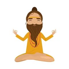Fotobehang Meditating old yogi man in yellow clothes sitting in a lotus position. Vector illustration in flat cartoon style. © greenpicstudio