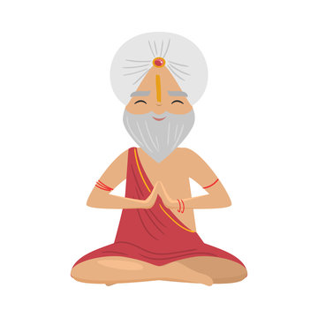 Meditating old yogi man with white turban sitting in a lotus position. Vector illustration in flat cartoon style.