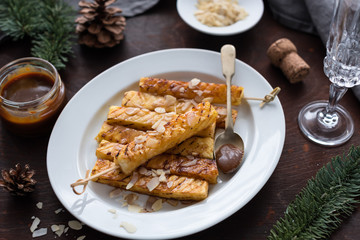Caramelized Grilled Pineapple Wedges on Wooden Skewers. Holiday Appetizer.
