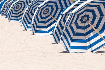 Classic blue and white striped beach umbrellas lined up along the sand on Miami Beach, Florida, USA