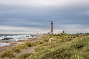 Fototapeta na wymiar Skagen Grey Lighthouse from 1858 placed at the northernmost point in Denmark with dunes in the foreground