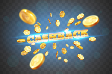 The gold word Cashback, amid the explosion of coins. Vector illustration on a transparent background - 301839852
