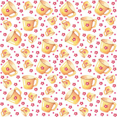 Seamless watercolor pattern of cups and flowers on a white background. Use for invitations, menus, birthdays