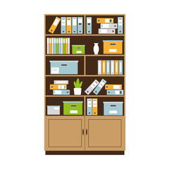 Bookcase with books, boxes and folders for office interior. Vector illustration.