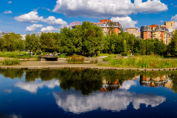 Fototapeta na wymiar Moscow, Kurkino district, a pond in the Dubrava park