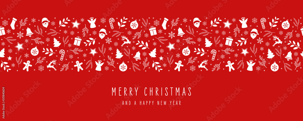 Wall mural christmas icon elements border decoration card with greeting text seamless pattern red background.
