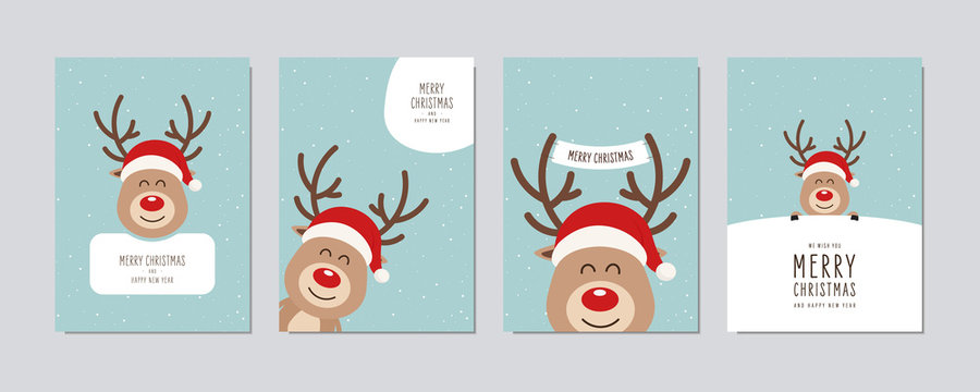 Christmas card set. Merry Christmas and Happy New Year greeting cute red nose cartoon reindeer with santa hat lettering vector.