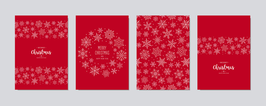 Christmas card set. Merry Christmas greeting text lettering snowflake card set red background vector.