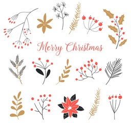 Set of christmas vector elements isolated on white background. Hand drawn winter holiday and christmas elements and floral arrangement in traditional colors. Perfect for invitations, greeting cards.